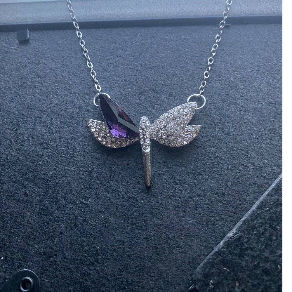 PURPLE AMETHYST Crystal Rhinestone Cubic Zirconia CZ Gemstone Dragonfly Necklace
